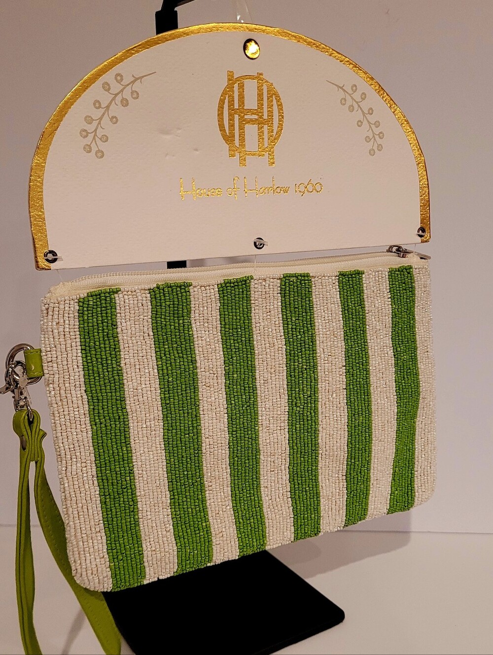 House of Harlow 1960 Green & White Striped Beaded Wristlet - Picture 4 of 4